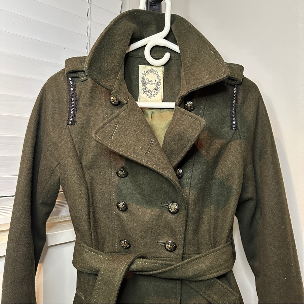 Salad Wool Olive Green Double-Breasted Trench Coat Jacket Belt Military Style S
